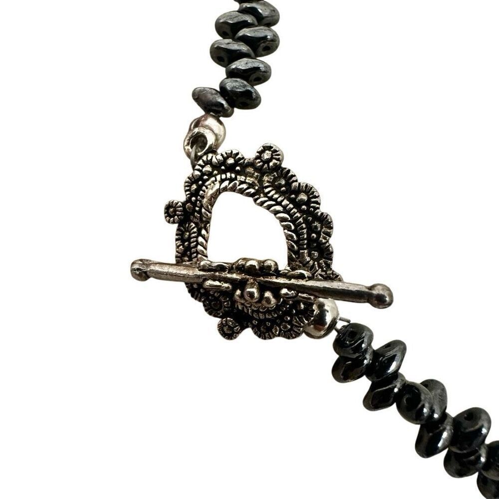 Artisan Hematite Bead Necklace with Electroplated Leaf Pendant - Picture 6 of 13
